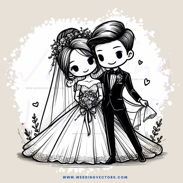 a bride and groom in wedding dresses