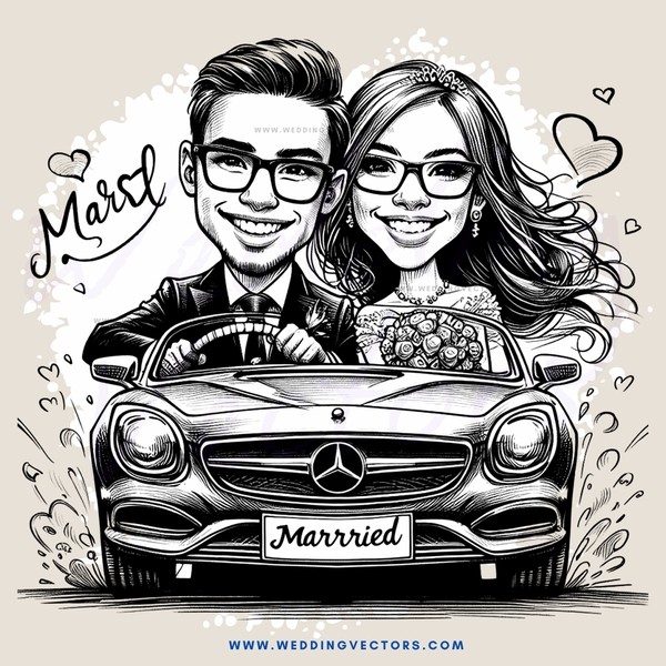 a couple in a mercedes benz convertible celebrating their wedding day