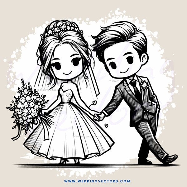 a bride and groom in wedding attire