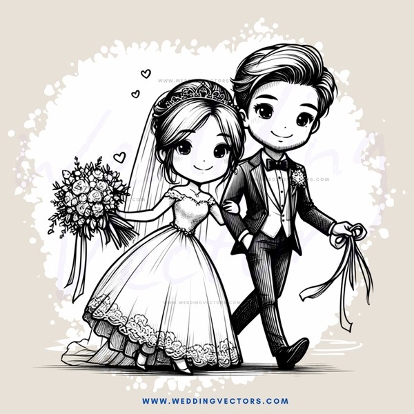 wedding couple in black and white illustrated comic strip