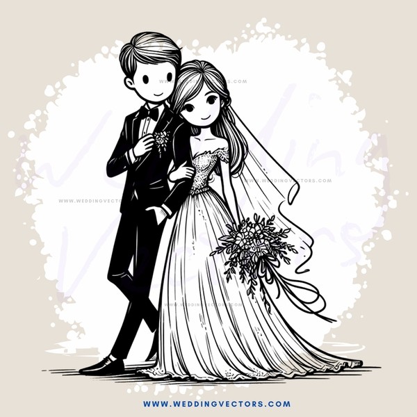 a black and white illustration of a bride and groom