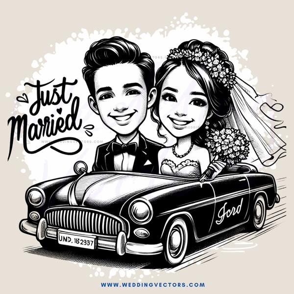 a wedding picture featuring a couple in a vintage car