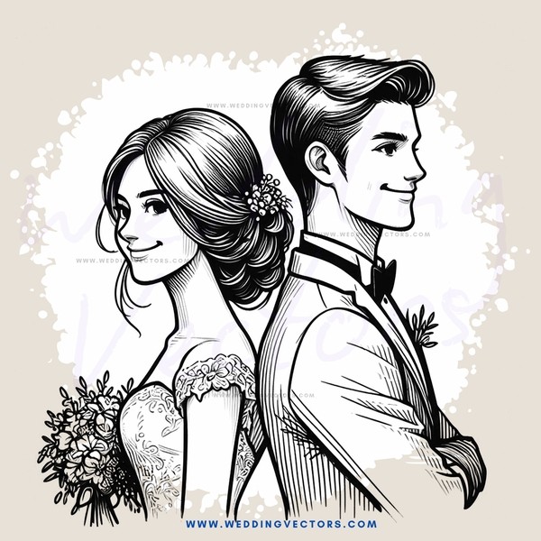 smiling couple in wedding attire