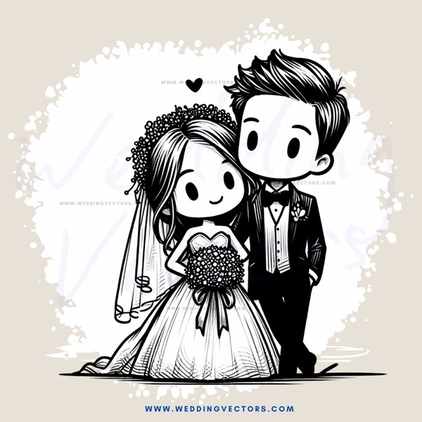 bride and groom standing together with heart above their head