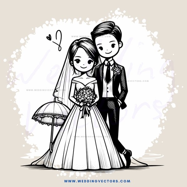 a wedding photo illustration with an umbrella