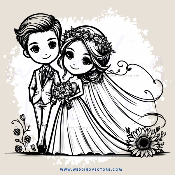 a bride and groom with flowers in their hands