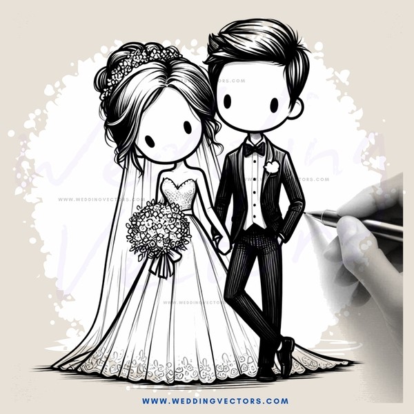 a bride and groom drawing on wedding invitations
