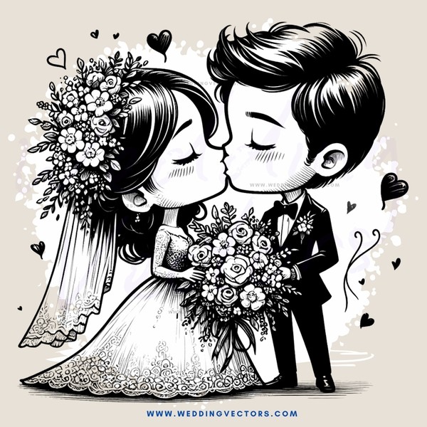 wedding couple kissing in black and white illustration