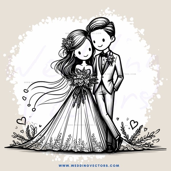 a bride and groom in their wedding dress standing next to each other