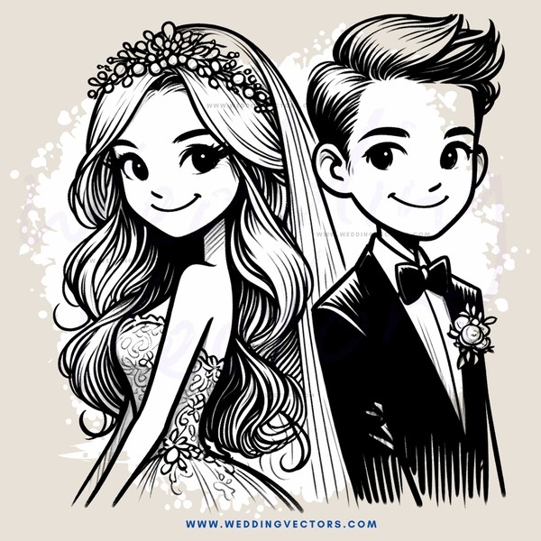bride and groom portrait in black and white drawing