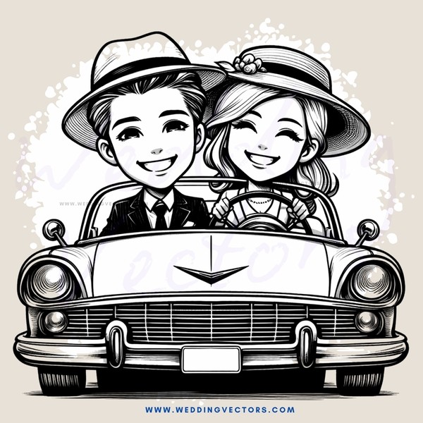 a couple in a vintage car