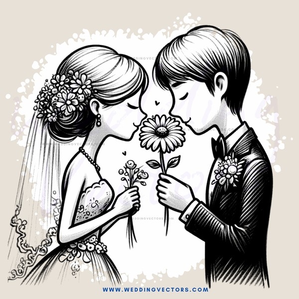 couple holding flowers in black and white portrait
