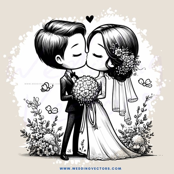 wedding couple kissing, flowers in bouquet and bride's hand