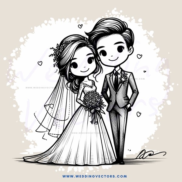 wedding bride and groom drawing in black and white