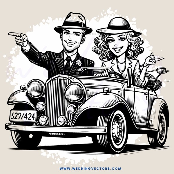 old car picture with man and woman in hats pointing at something