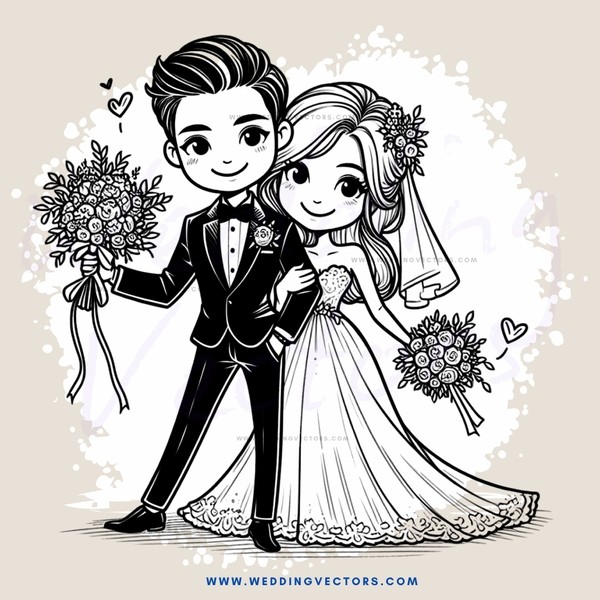 a bride and groom in black and white