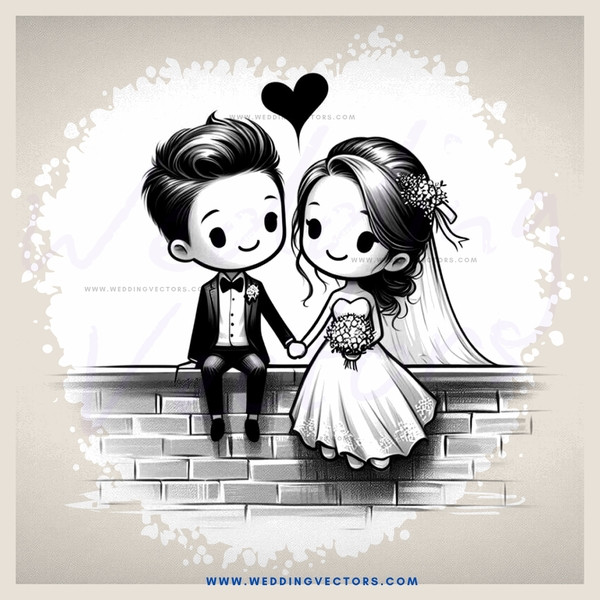 a bride and groom sitting on a brick wall