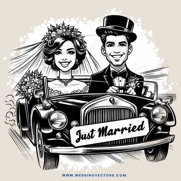 a black and white wedding caricature with a couple in it