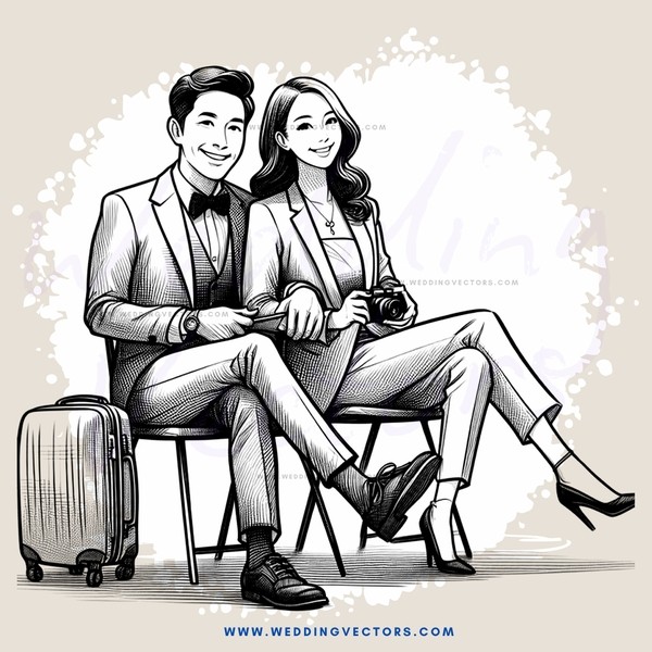 a couple sitting in chairs with luggage beside them