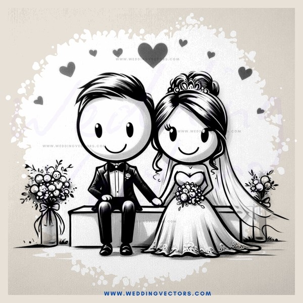 a bride and groom on a bench with flowers