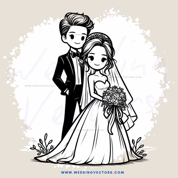 a bride and groom in their wedding attire
