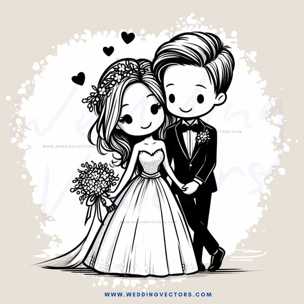 a bride and groom standing with flowers in their hands