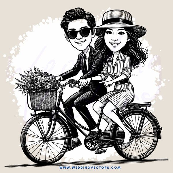 couple on bicycle with flowers in basket