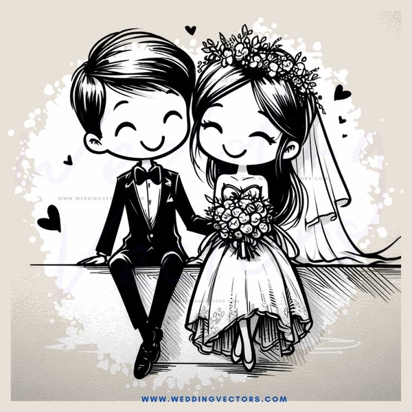 a bride and groom in a black and white illustration