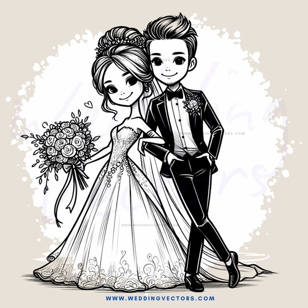 a bride and groom in wedding attire