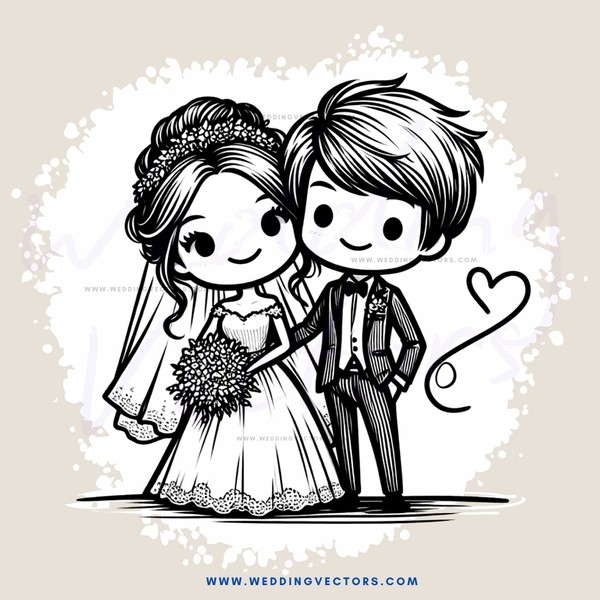 a bride and groom holding hands with an heart floating around them