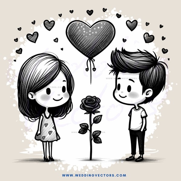 a boy and girl with a rose on one side