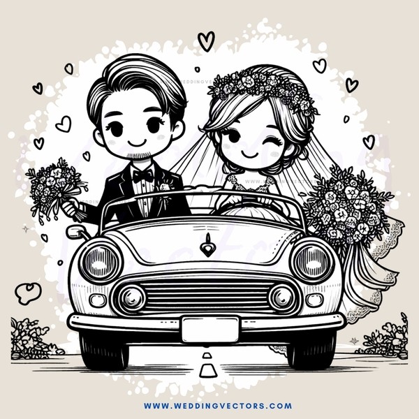 a couple in a car on their wedding day