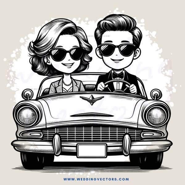two people in sunglasses driving an old car