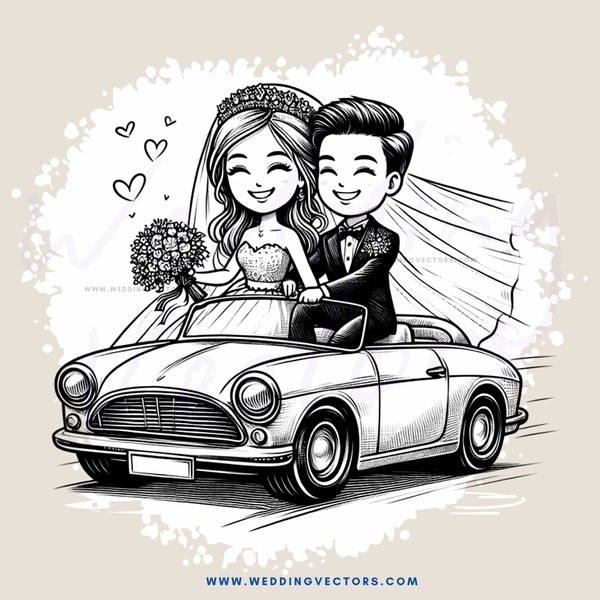 a bride and groom ride in an antique car