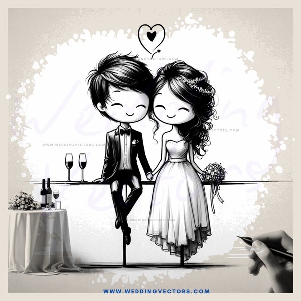 a black and white drawing of a couple on their wedding day