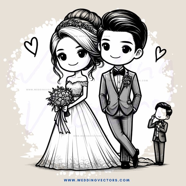 wedding cartoon picture with a groom, bride and little boy