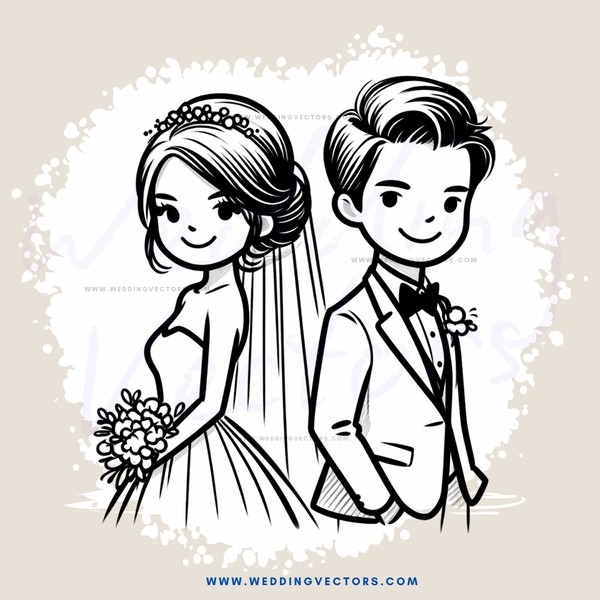 a bride and groom in black and white illustration