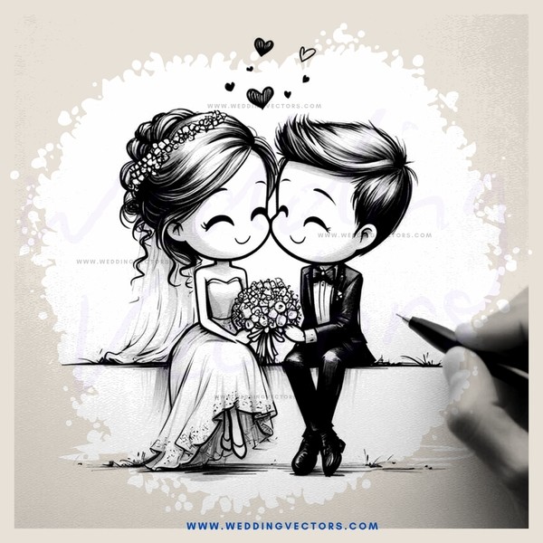 a wedding couple sitting on a bench