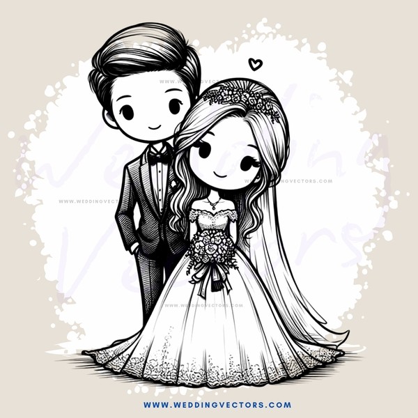 wedding couple black and white cartoon