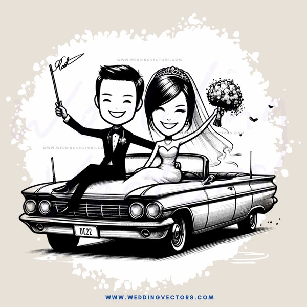 bride and groom on their car