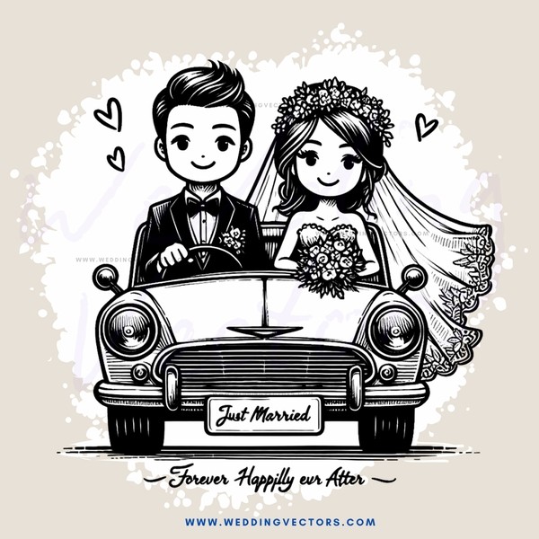 the newlyweds are driving away in their wedding car!