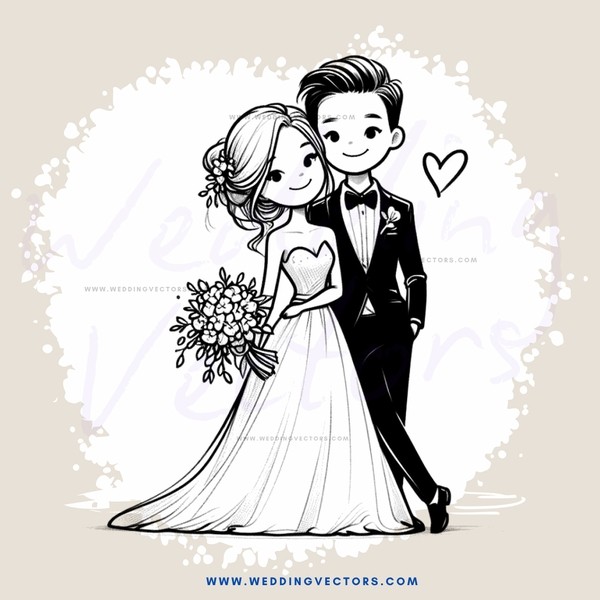 a bride and groom in wedding attire