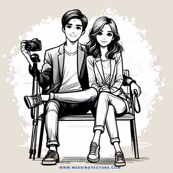 a young couple sitting next to each other with camera and tripod