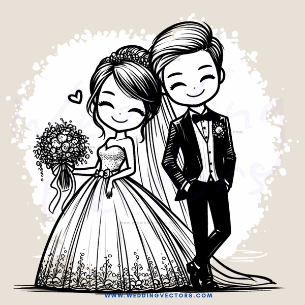 a bride and groom holding hands and smiling