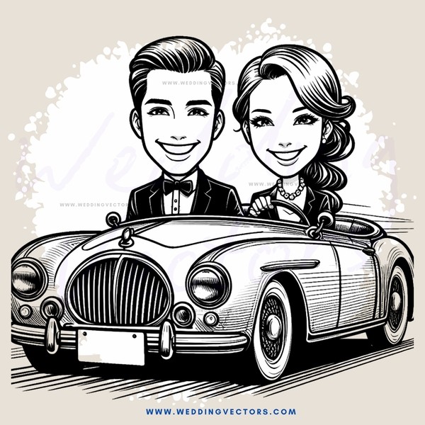a black and white cartoon of a man and woman in a car