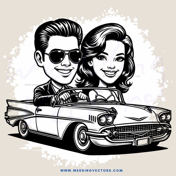 caricature of a man and woman in the driver's seat of a car