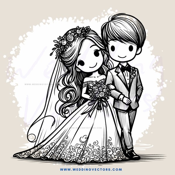 a bride and groom in wedding attire