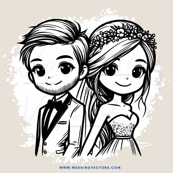 wedding couple cartoon in black and white