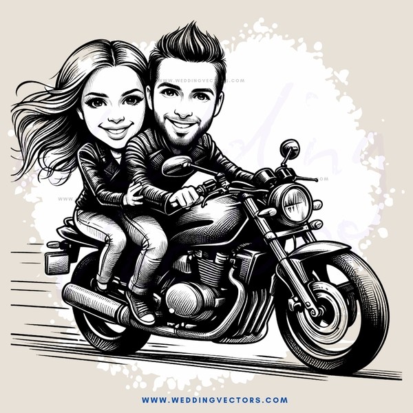 couple on a motorcycle in black and white cartoon style drawing