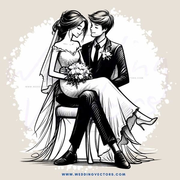 a couple sitting on a chair in wedding attire